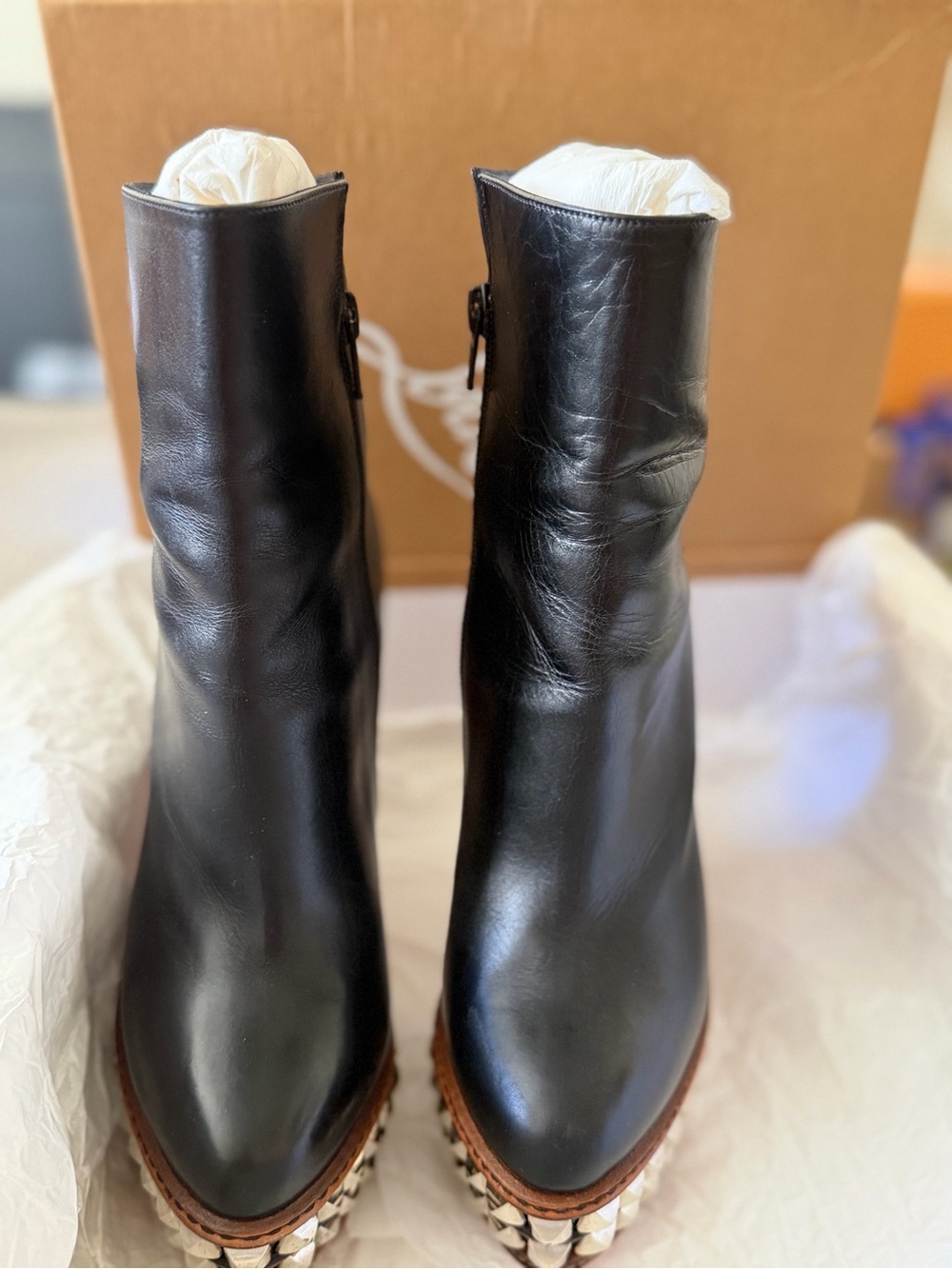 Christian Louboutin Taclou Booty Black Leather Studded Platform Zip Boots US 7.5 - Picture 2 of 9
